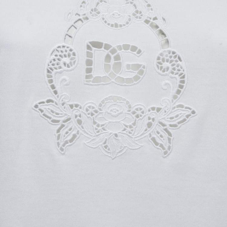 Pre Owned Dolce & Gabbana White Cotton Logo Broderie Anglaise Crew Neck T-Shirt M