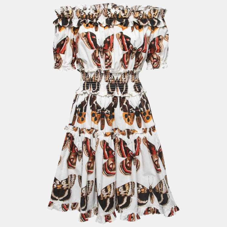 Pre Owned Dolce & Gabbana White Butterfly Printed Cotton Ruffled Mini Dress M
