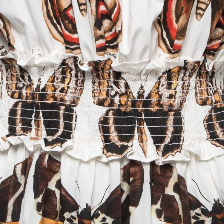 Pre Owned Dolce & Gabbana White Butterfly Printed Cotton Ruffled Mini Dress M