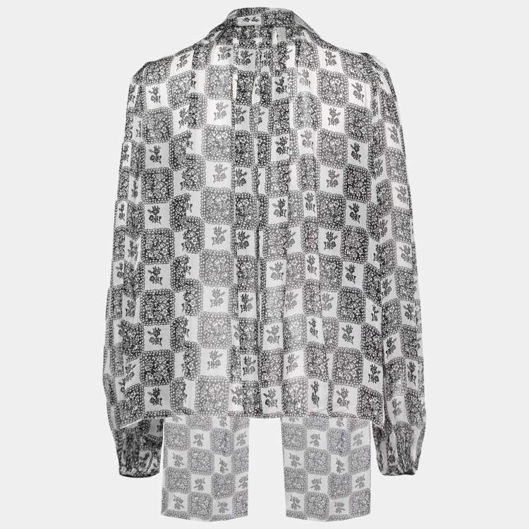مملوكة مسبقًا Dolce & Gabbana Monochrome Floral Grid Print Silk Tie Detail Blouse S