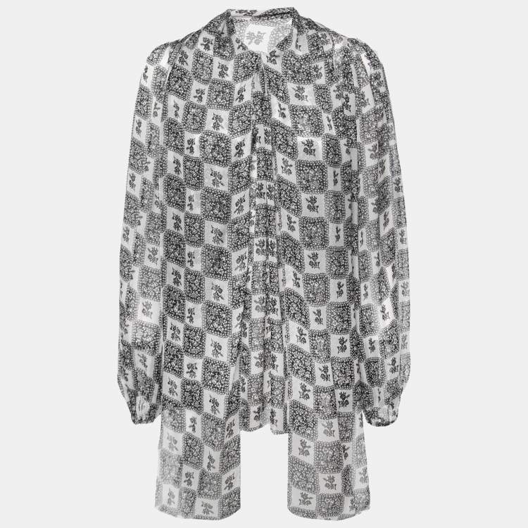 مملوكة مسبقًا Dolce & Gabbana Monochrome Floral Grid Print Silk Tie Detail Blouse S
