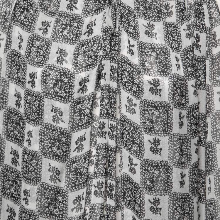 مملوكة مسبقًا Dolce & Gabbana Monochrome Floral Grid Print Silk Tie Detail Blouse S