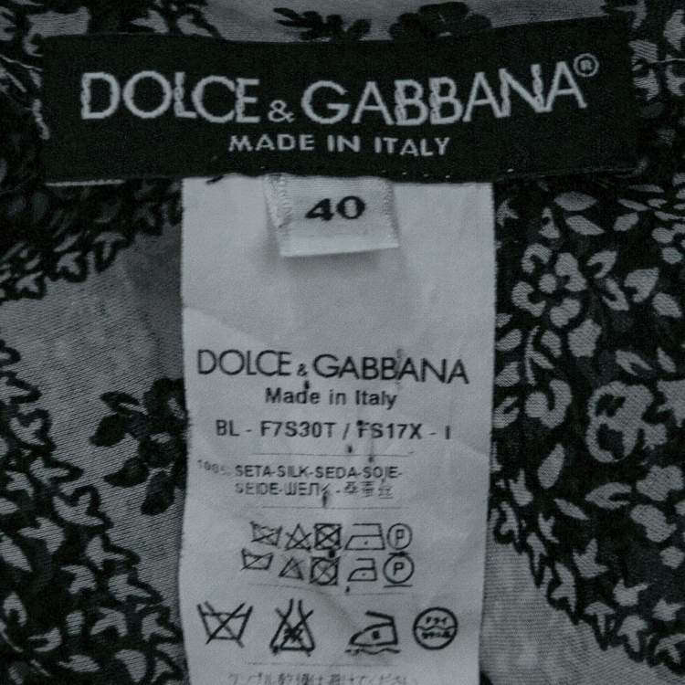 مملوكة مسبقًا Dolce & Gabbana Monochrome Floral Grid Print Silk Tie Detail Blouse S