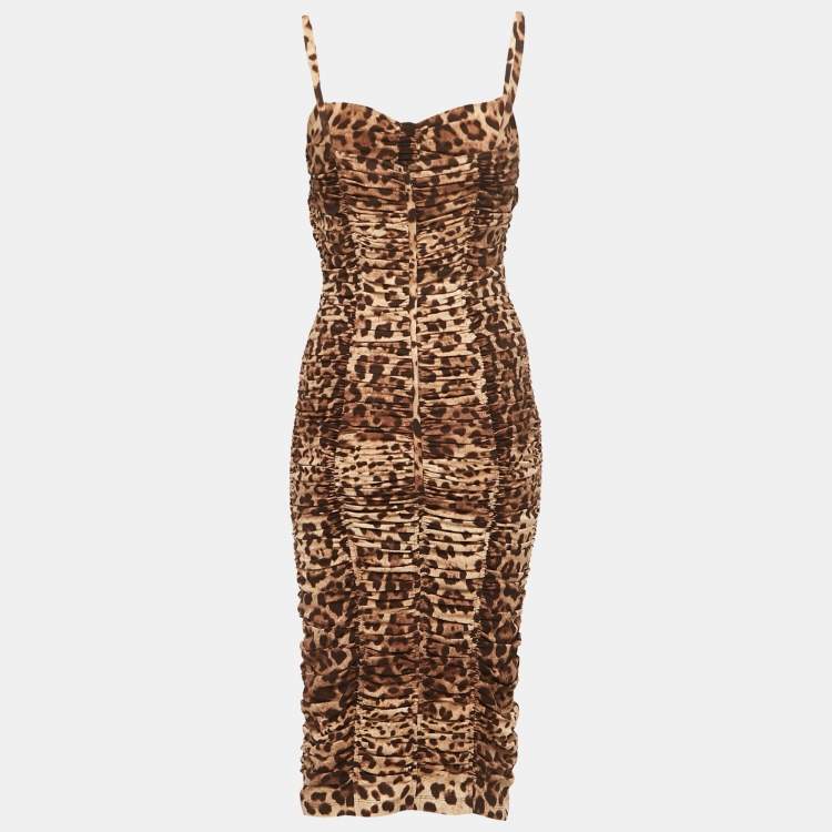 Pre Owned Dolce & Gabbana Brown Animal Printed Silk Ruched Midi Dress M