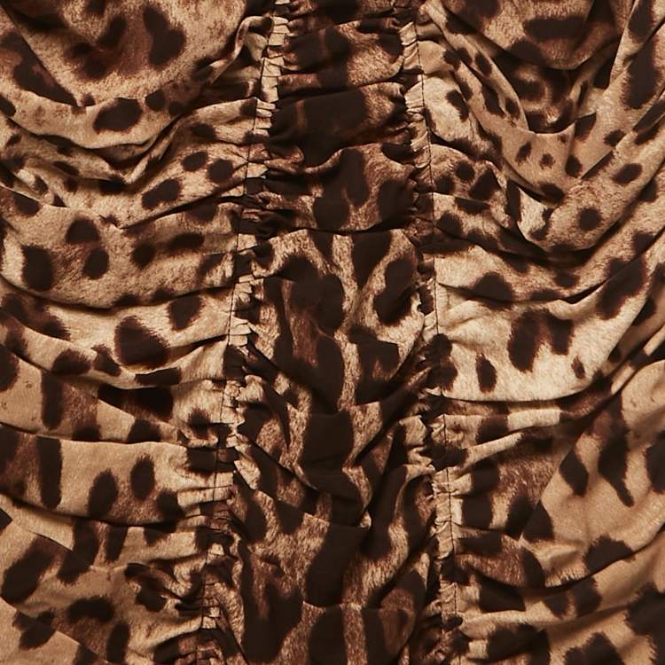 Pre Owned Dolce & Gabbana Brown Animal Printed Silk Ruched Midi Dress M