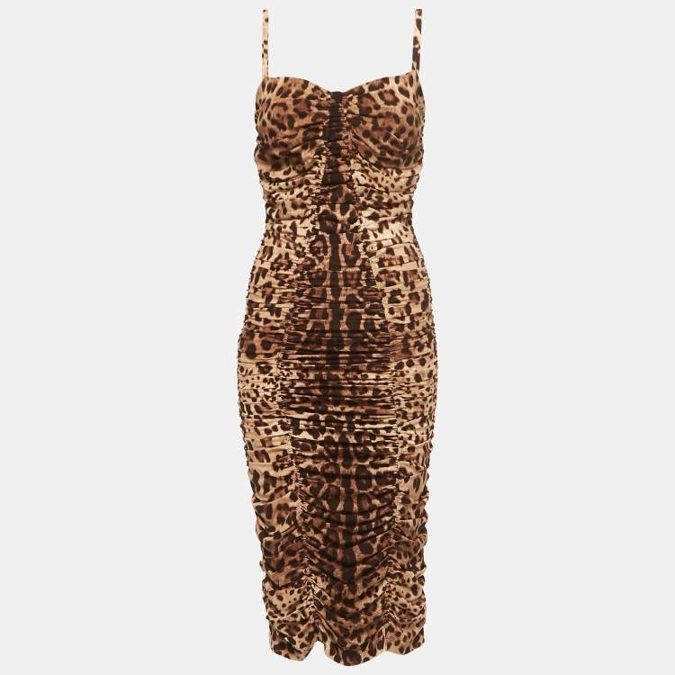 Pre Owned Dolce & Gabbana Brown Animal Printed Silk Ruched Midi Dress M