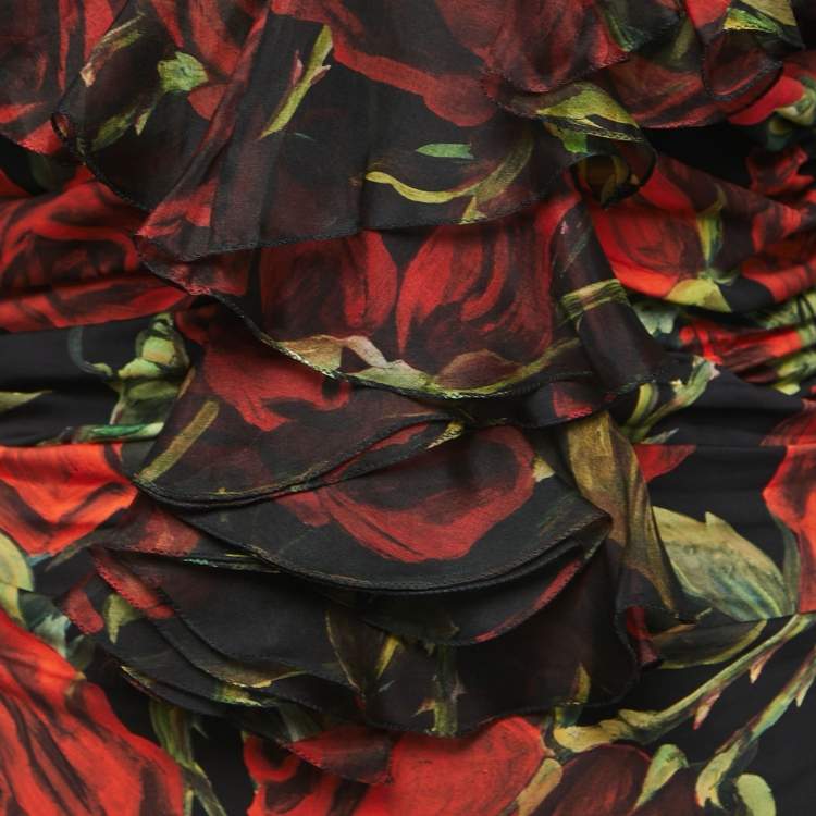 Pre Owned Dolce & Gabbana Black/Red Rose Printed Stretch Silk Ruched Mini Dress M