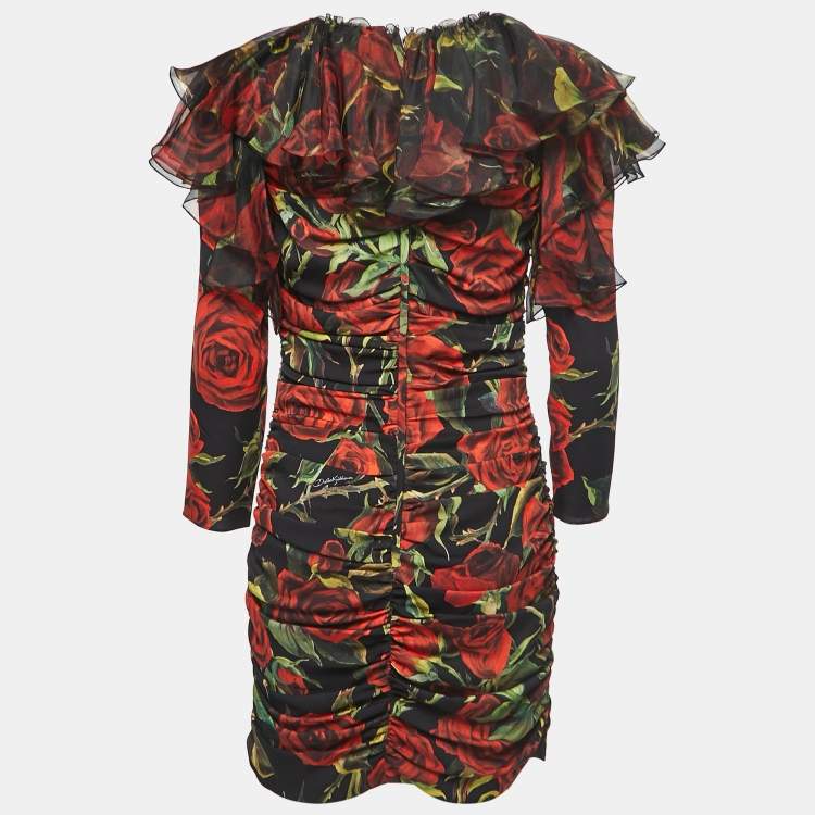 Pre Owned Dolce & Gabbana Black/Red Rose Printed Stretch Silk Ruched Mini Dress M