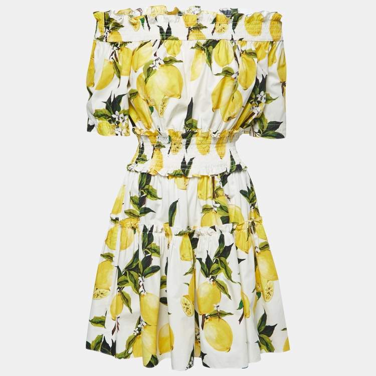 Pre Owned Dolce & Gabbana White Lemon Print Cotton Ruffled Mini Dress M