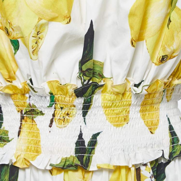 Pre Owned Dolce & Gabbana White Lemon Print Cotton Ruffled Mini Dress M