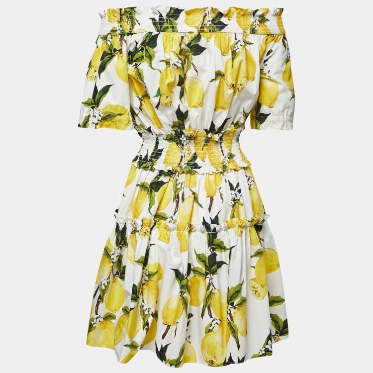 Pre Owned Dolce & Gabbana White Lemon Print Cotton Ruffled Mini Dress M