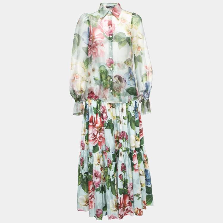 Pre Owned Dolce & Gabbana Blue Floral Printed Organza/Cotton Skirt and Top Set S