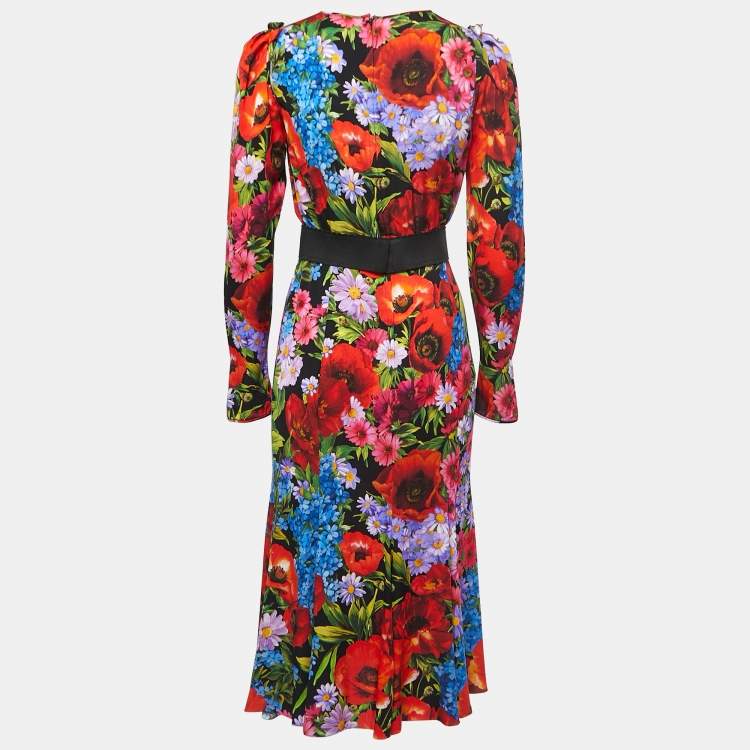 Pre Owned Dolce & Gabbana Black/Multicolor Floral Printed Stretch Silk Midi Dress M