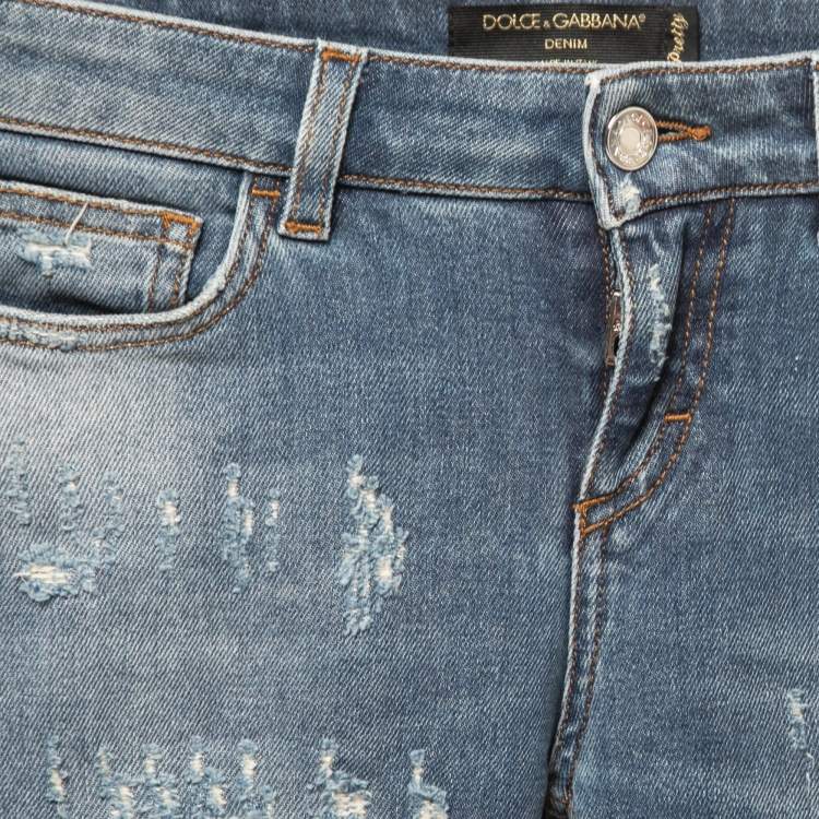 Pre Owned Dolce & Gabbana Blue Distressed Denim Pretty Skinny Jeans XS Waist 26"