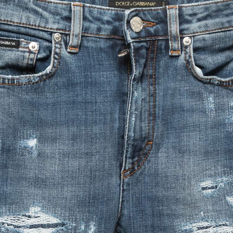 Pre Owned Dolce & Gabbana Blue Distressed Denim Audrey Skinny Jeans XS Waist 24"