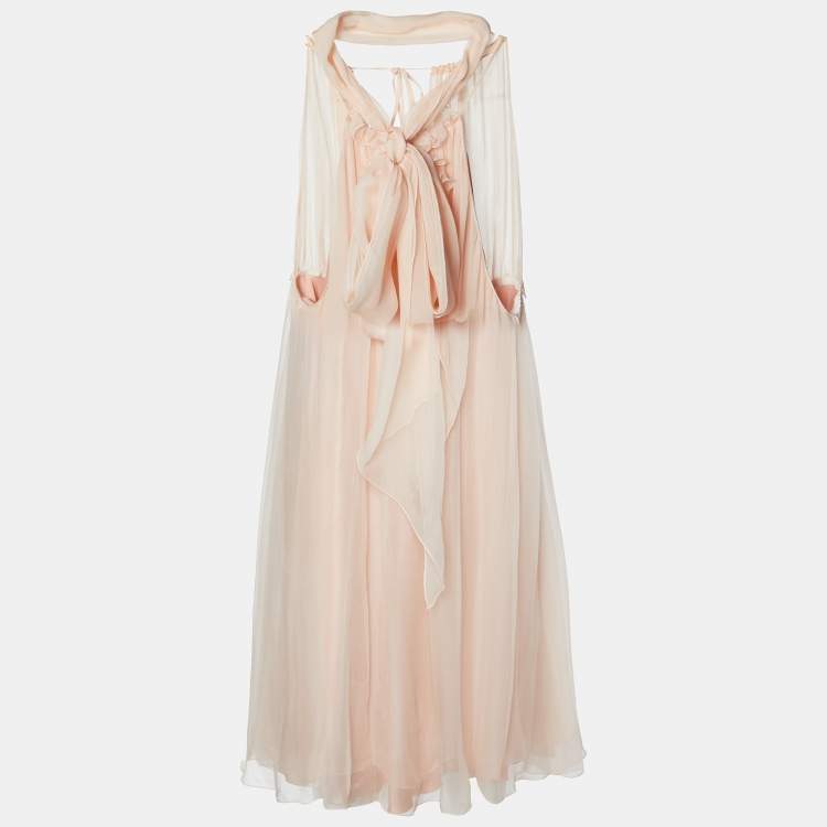 Pre Owned Dolce & Gabbana Pink Silk Floral Applique Halter Neck Dress M