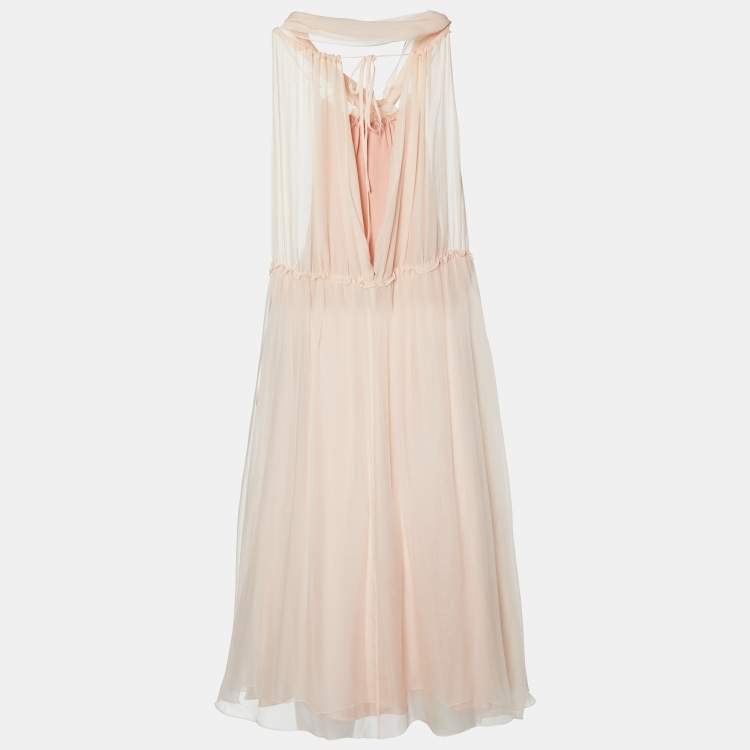 Pre Owned Dolce & Gabbana Pink Silk Floral Applique Halter Neck Dress M
