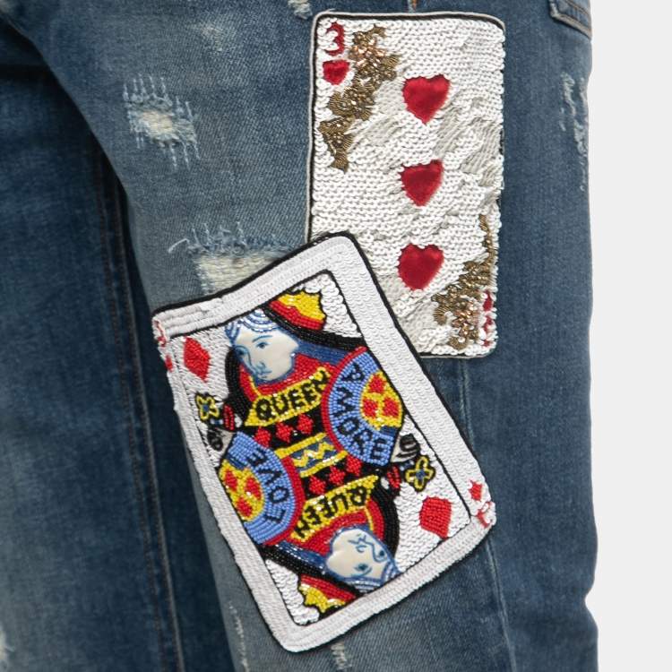 Pre Owned Dolce & Gabbana Blue Denim Cards Embellished Pretty Fit Jeans M