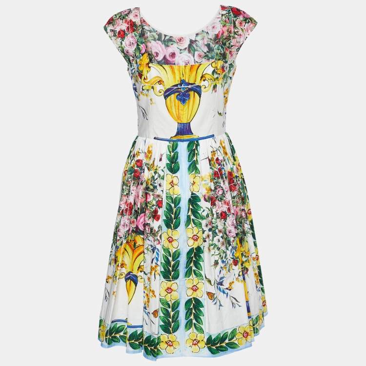 Pre Owned Dolce & Gabbana White Majolica Roses Printed Cotton Midi Dress M