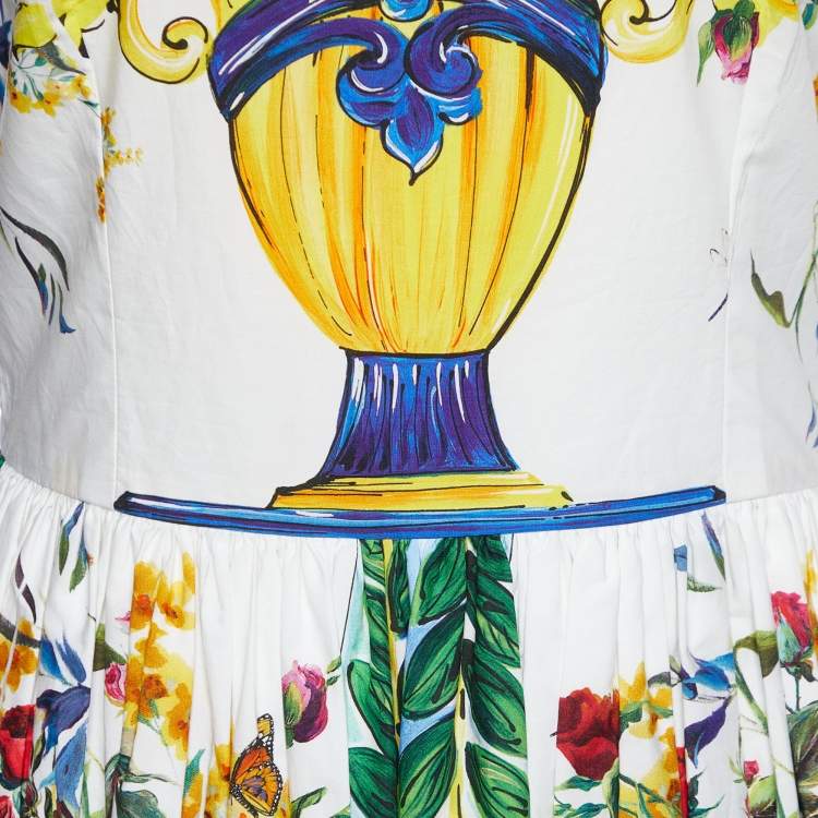Pre Owned Dolce & Gabbana White Majolica Roses Printed Cotton Midi Dress M