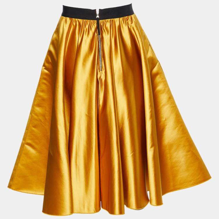 Pre Owned Dolce & Gabbana Yellow Sateen Flared Midi Skirt S