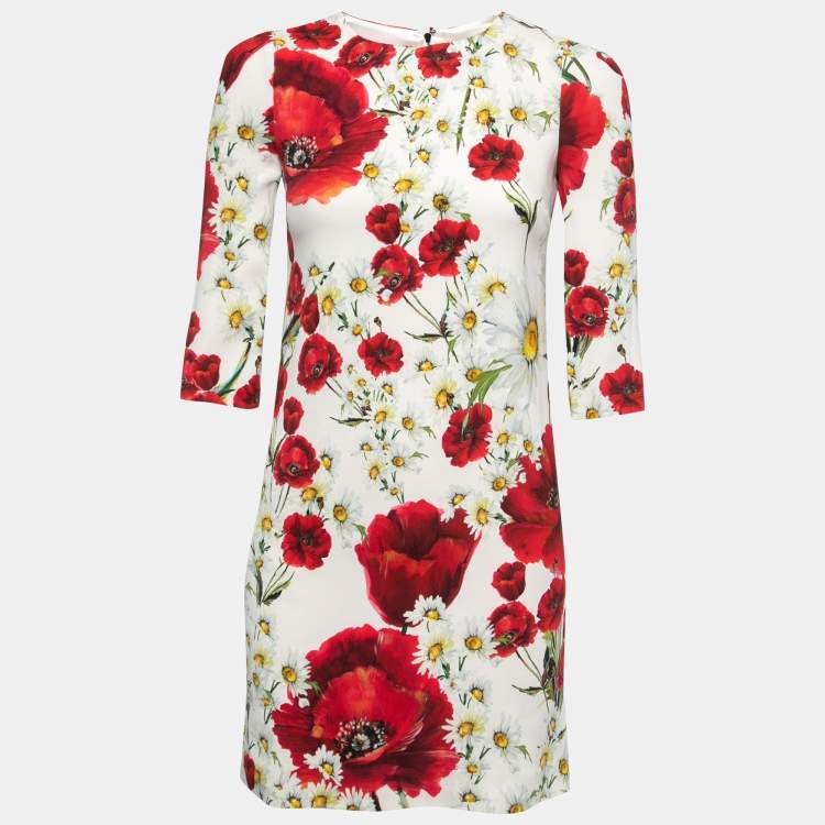 Pre Owned Dolce & Gabbana White Poppy Printed Crepe Shift Mini Dress S