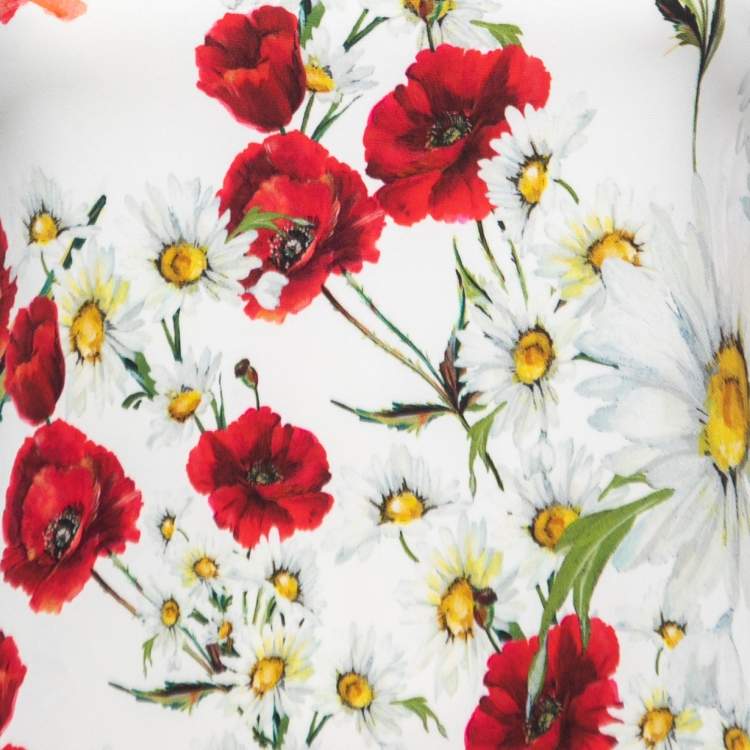Pre Owned Dolce & Gabbana White Poppy Printed Crepe Shift Mini Dress S
