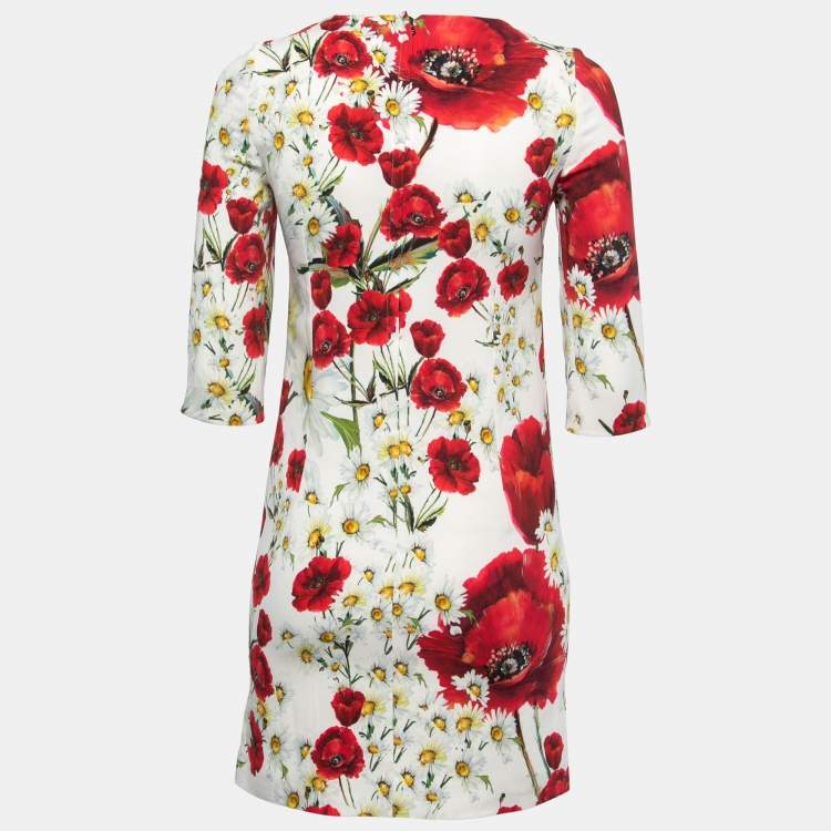 Pre Owned Dolce & Gabbana White Poppy Printed Crepe Shift Mini Dress S
