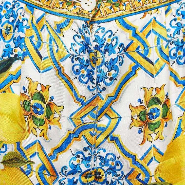 Pre Owned Dolce & Gabbana Yellow Lemon Print Silk High Waist Shorts XS
