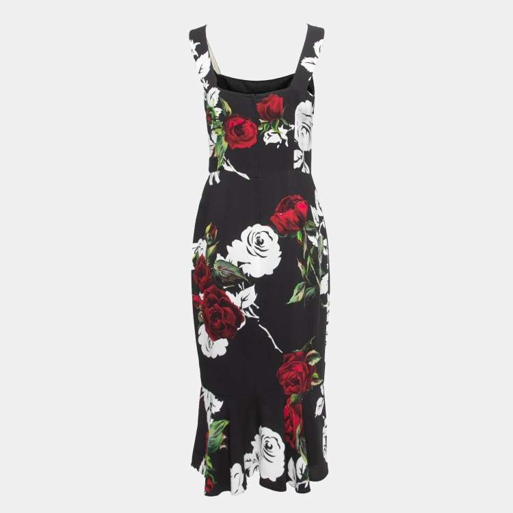 Pre Owned Dolce & Gabbana Black Rose Print Crepe Sleeveless Midi Dress M