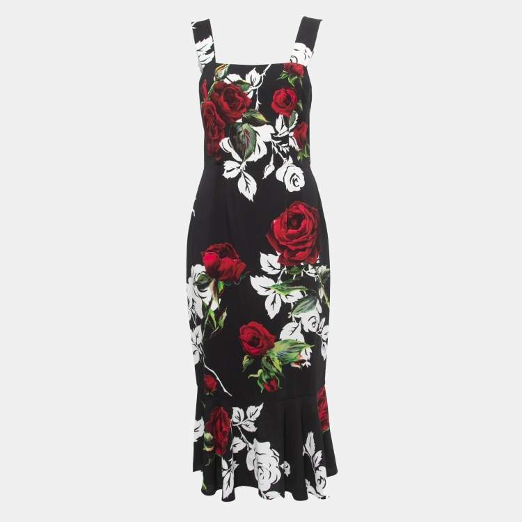 Pre Owned Dolce & Gabbana Black Rose Print Crepe Sleeveless Midi Dress M