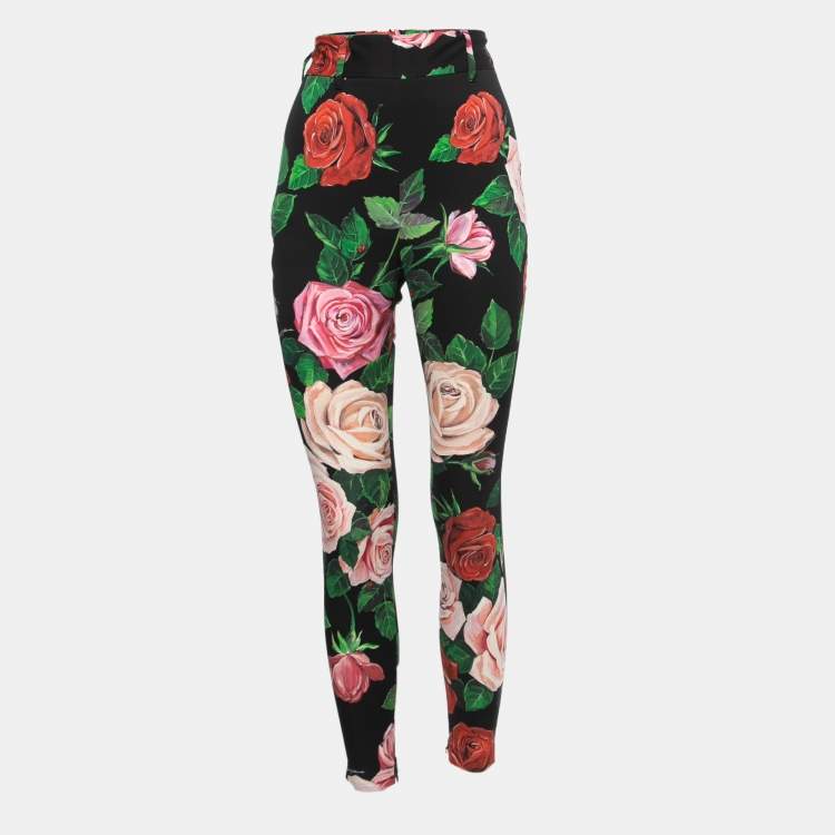 Pre Owned Dolce & Gabbana Black Floral Printed Silk High Waist Slim Trousers S