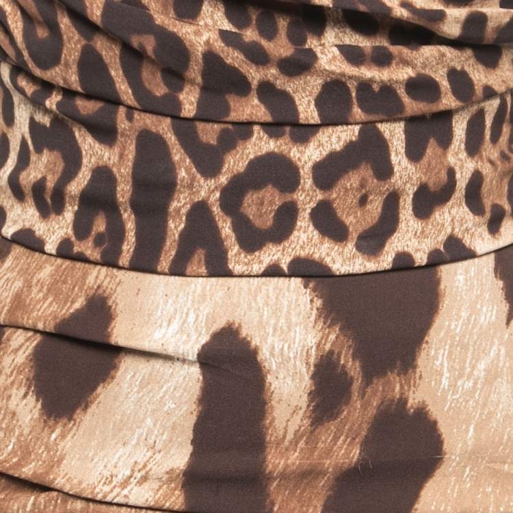 Pre Owned Dolce & Gabbana Brown Leopard Print Silk Sleeveless Draped Short Dress S