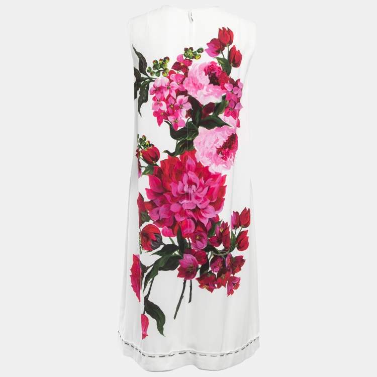 Pre Owned Dolce & Gabbana White Peony Printed Crepe Sleeveless Shift Dress M
