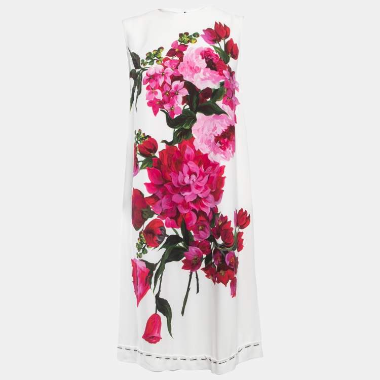 Pre Owned Dolce & Gabbana White Peony Printed Crepe Sleeveless Shift Dress M