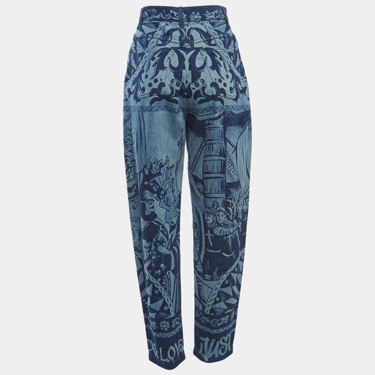 Pre Owned Dolce & Gabbana Blue Medieval Print Denim High Waist Boyfriend Jeans S Waist 26"