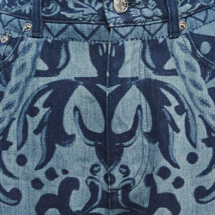 Pre Owned Dolce & Gabbana Blue Medieval Print Denim High Waist Boyfriend Jeans S Waist 26"