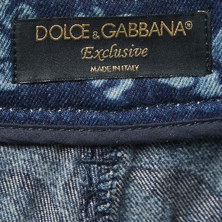 Pre Owned Dolce & Gabbana Blue Medieval Print Denim High Waist Boyfriend Jeans S Waist 26"