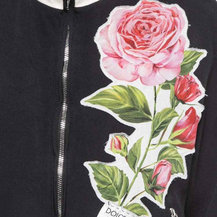 Pre Owned Dolce & Gabbana Black Knit Floral Patch Logo Detailed Zip Front Jacket S