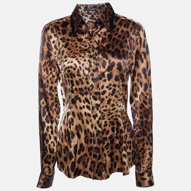 Pre Owned Dolce & Gabbana Brown Animal Printed Silk Satin Button Front Shirt M
