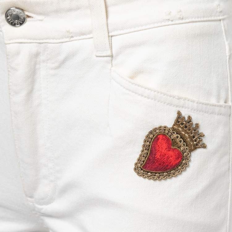 Pre Owned Dolce & Gabbana White Denim Sacred Heart Patch Flared Jeans M Waist 28"