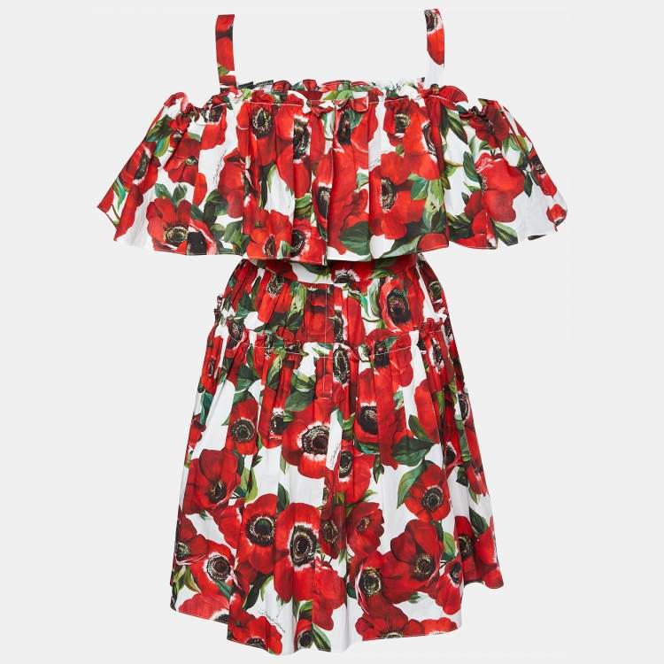 Pre Owned Dolce & Gabbana Red Floral Printed Cotton Cold Shoulder Mini Dress L