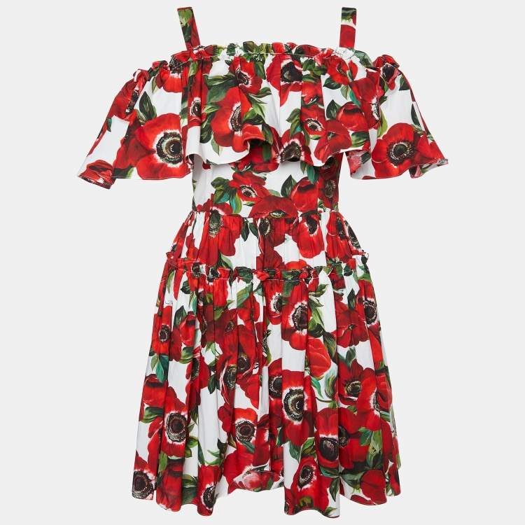 Pre Owned Dolce & Gabbana Red Floral Printed Cotton Cold Shoulder Mini Dress L