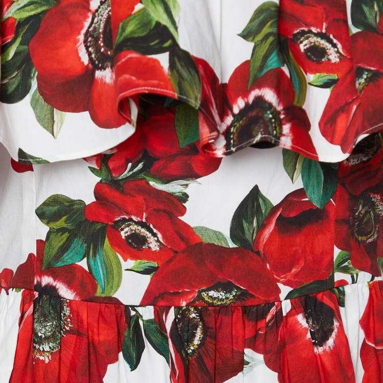 Pre Owned Dolce & Gabbana Red Floral Printed Cotton Cold Shoulder Mini Dress L
