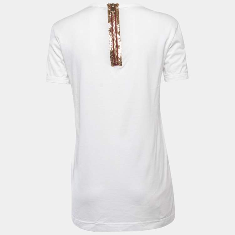 Pre Owned Dolce & Gabbana White Print Cotton Embellished Zip Detail Short Sleeve T-Shirt XS