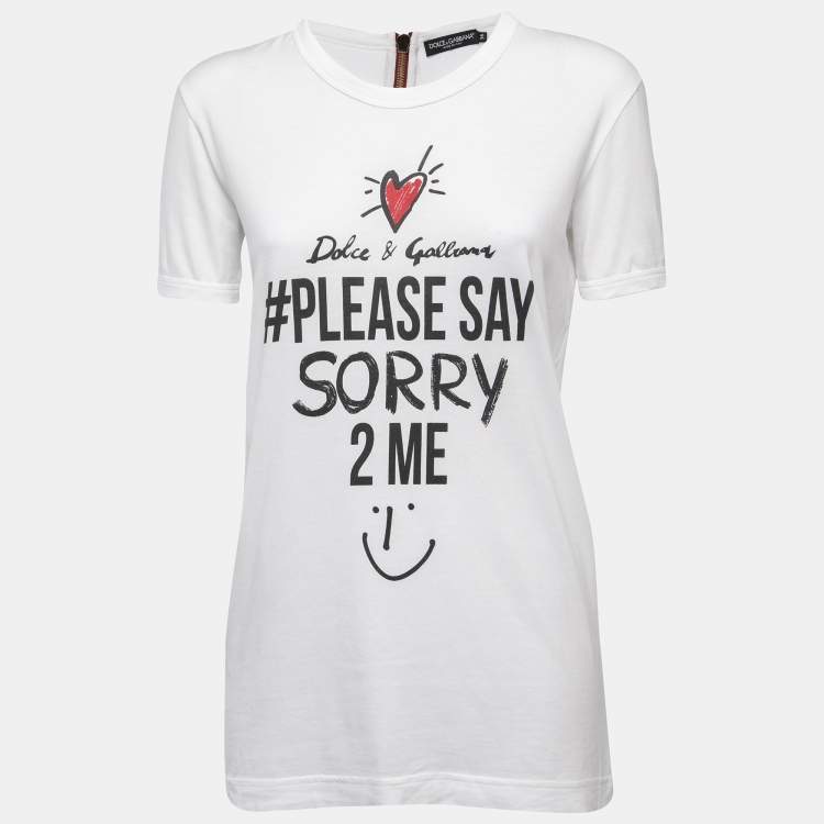 Pre Owned Dolce & Gabbana White Print Cotton Embellished Zip Detail Short Sleeve T-Shirt XS