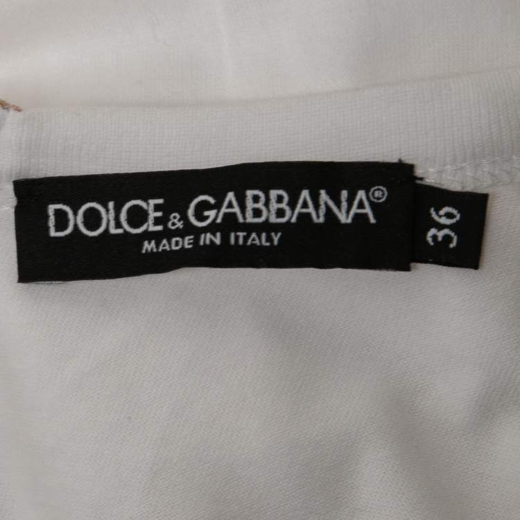 Pre Owned Dolce & Gabbana White Print Cotton Embellished Zip Detail Short Sleeve T-Shirt XS