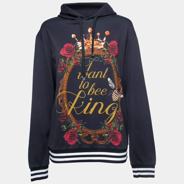 Pre Owned Dolce & Gabbana Navy Blue 'I Want To Bee King' Print Cotton Hooded Sweatshirt L