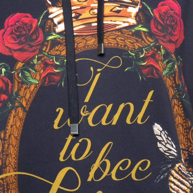 Pre Owned Dolce & Gabbana Navy Blue 'I Want To Bee King' Print Cotton Hooded Sweatshirt L