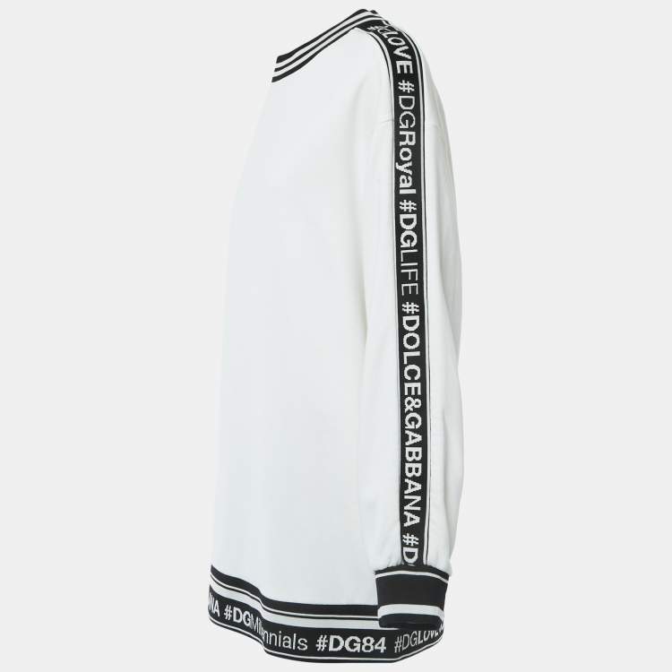 Pre Owned Dolce & Gabbana White Cotton Knit Logo Tape Detailed Sweatshirt M